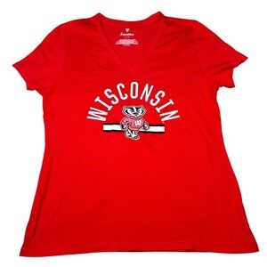 Fanatics Wisconsin Badgers T-Shirt Women Large Red V-Neck Badger Graphic NWT